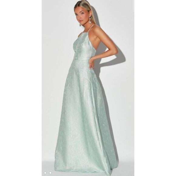 Lulus metallic blue open back maxi dress with halter neck size medium - Picture 2 of 5